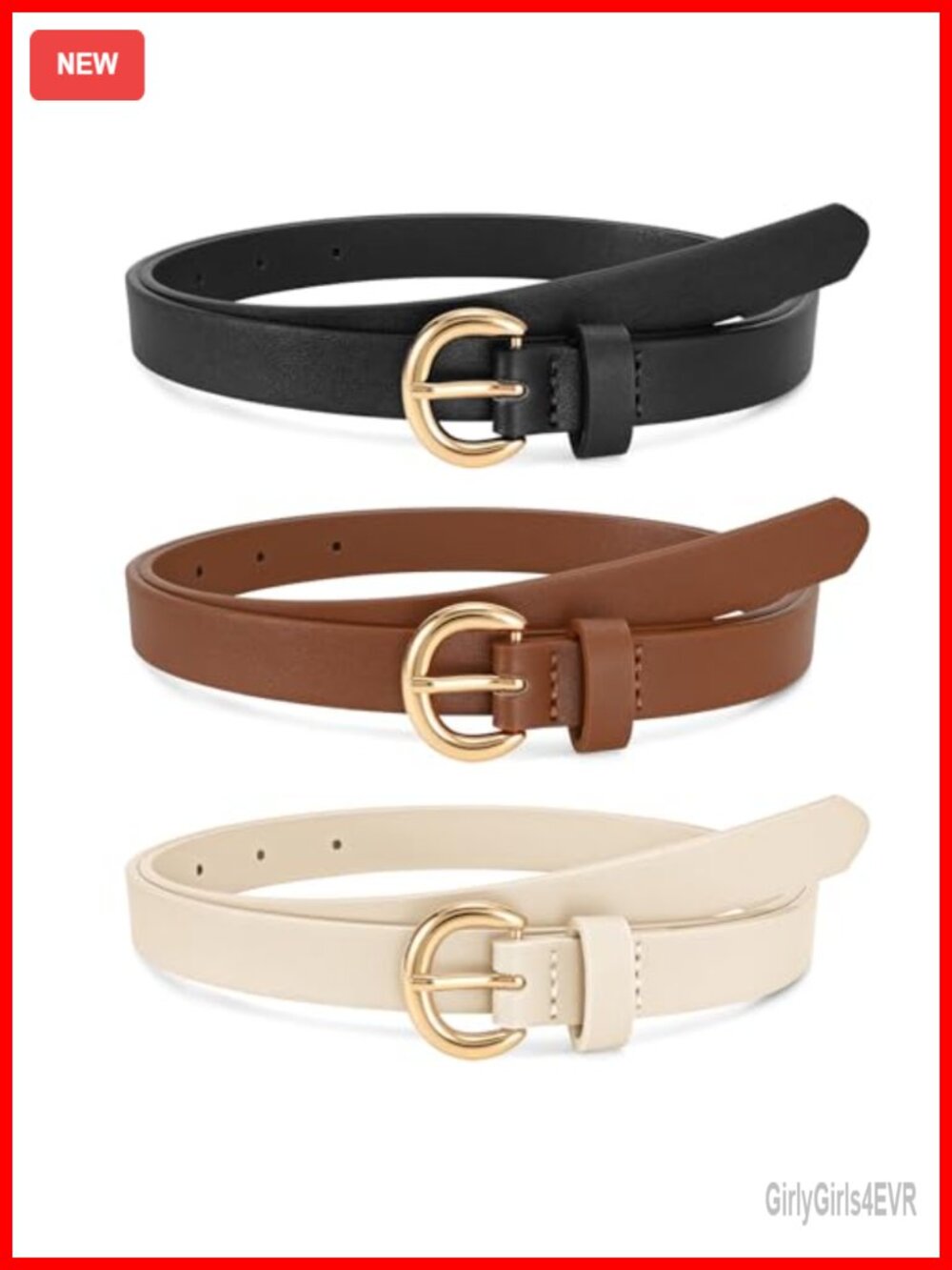 3 Pack Women Skinny Belt Thin Faux Leather Belt with Gold Buckle 0.74 Width